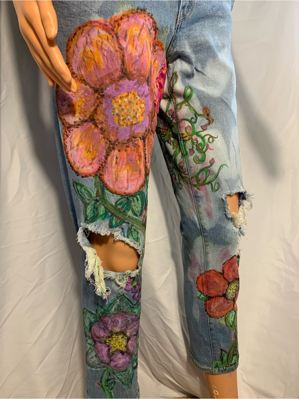 Hand-Painted Floral Light Wash Women's Jeans - Pink & Orange Accents - Picture 12 of 12